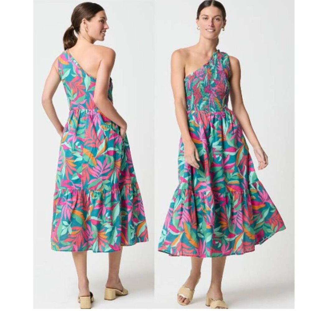 NWTJ Crew Womens One Shoulder Smocked Cotton Midi Dress Old Money Tropical Green